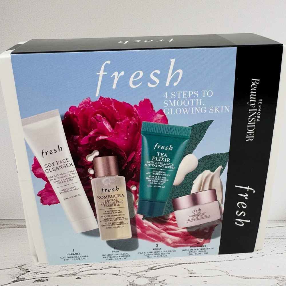 Fresh 4-Piece Skincare Set | Soy Cleanser Tea Elixir Kombucha Rose Cream